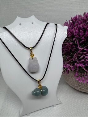 Set of 2 Natural Type A Jade Pendants - Money Bag, Hulu Gourd